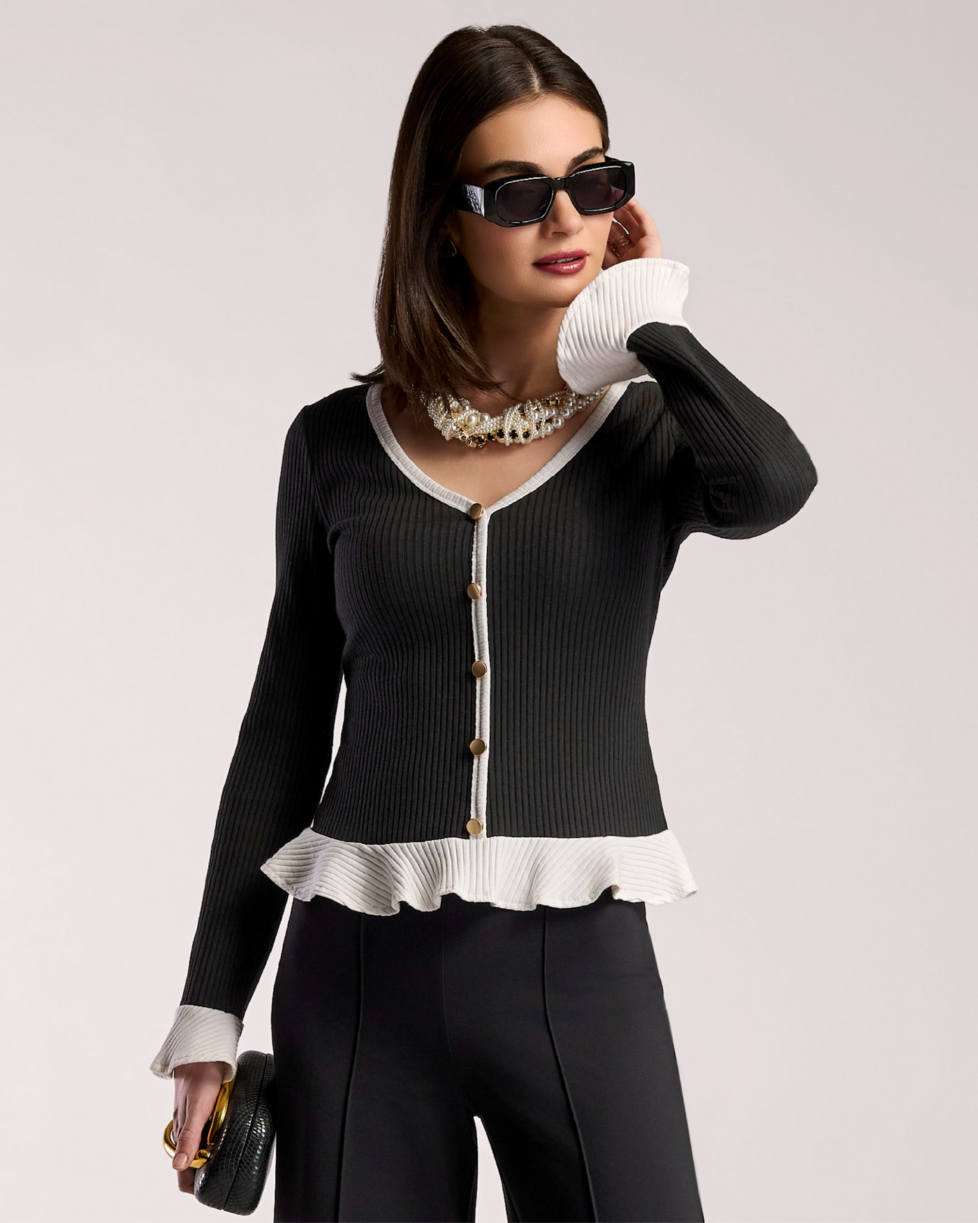 Contrast Button-Detail Ribbed Ruffle Pullover Proper Black/Off White