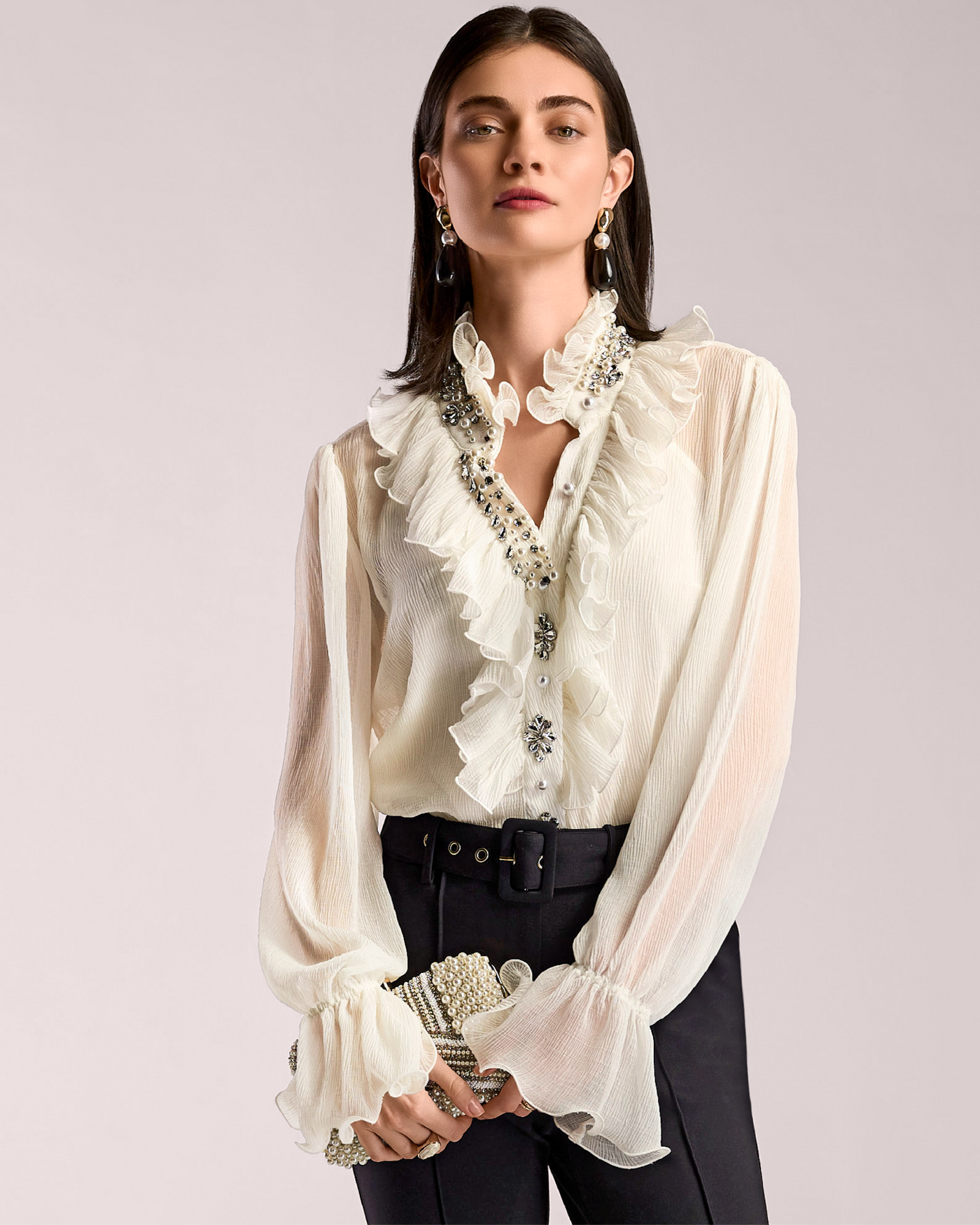 Embellished Novelty Ruffle Blouse Off White