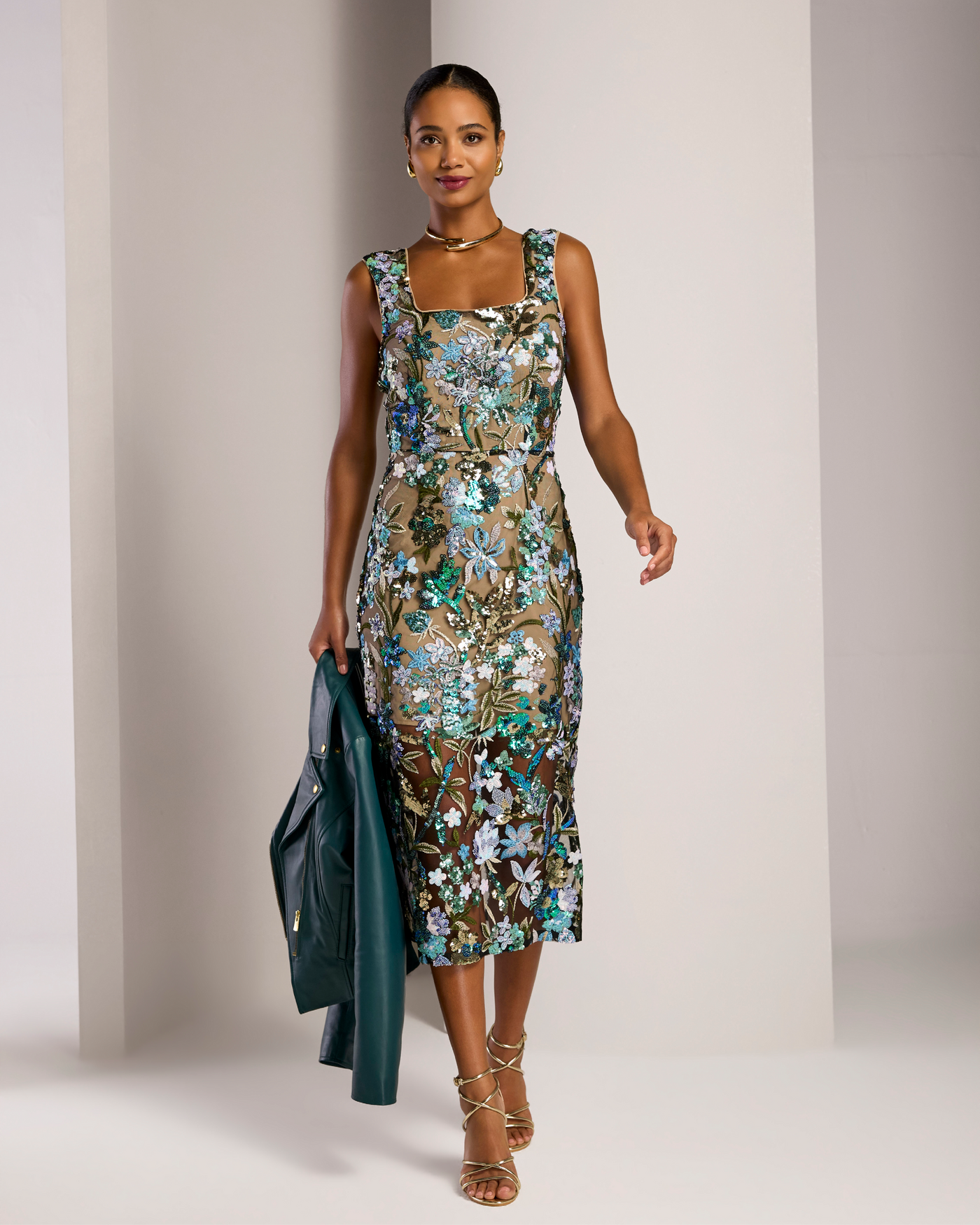 Novelty Floral Sequin Embellished Midi Dress Green/Blue Multi