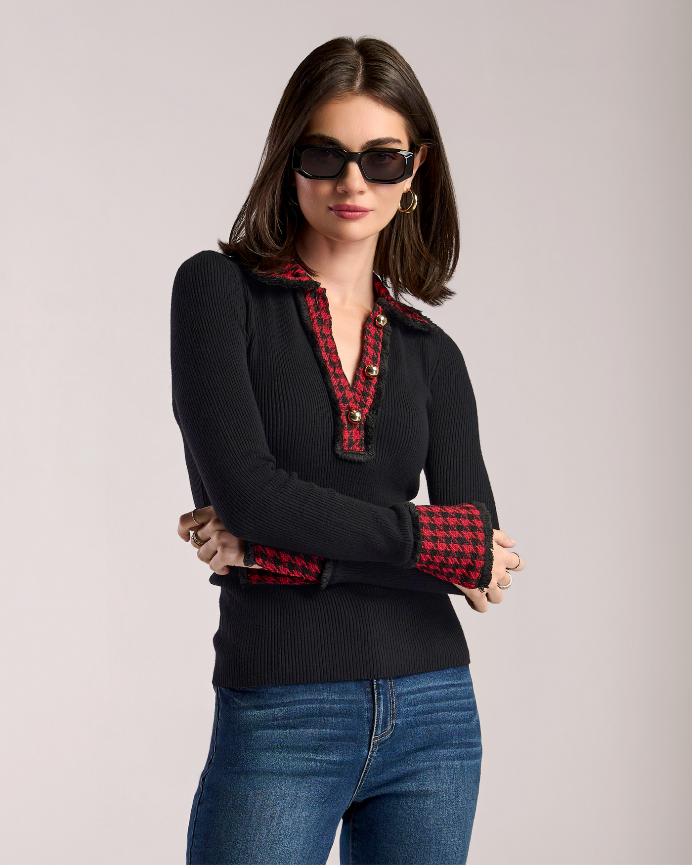 Tweed Trimmed Henley Sweater Black/Red