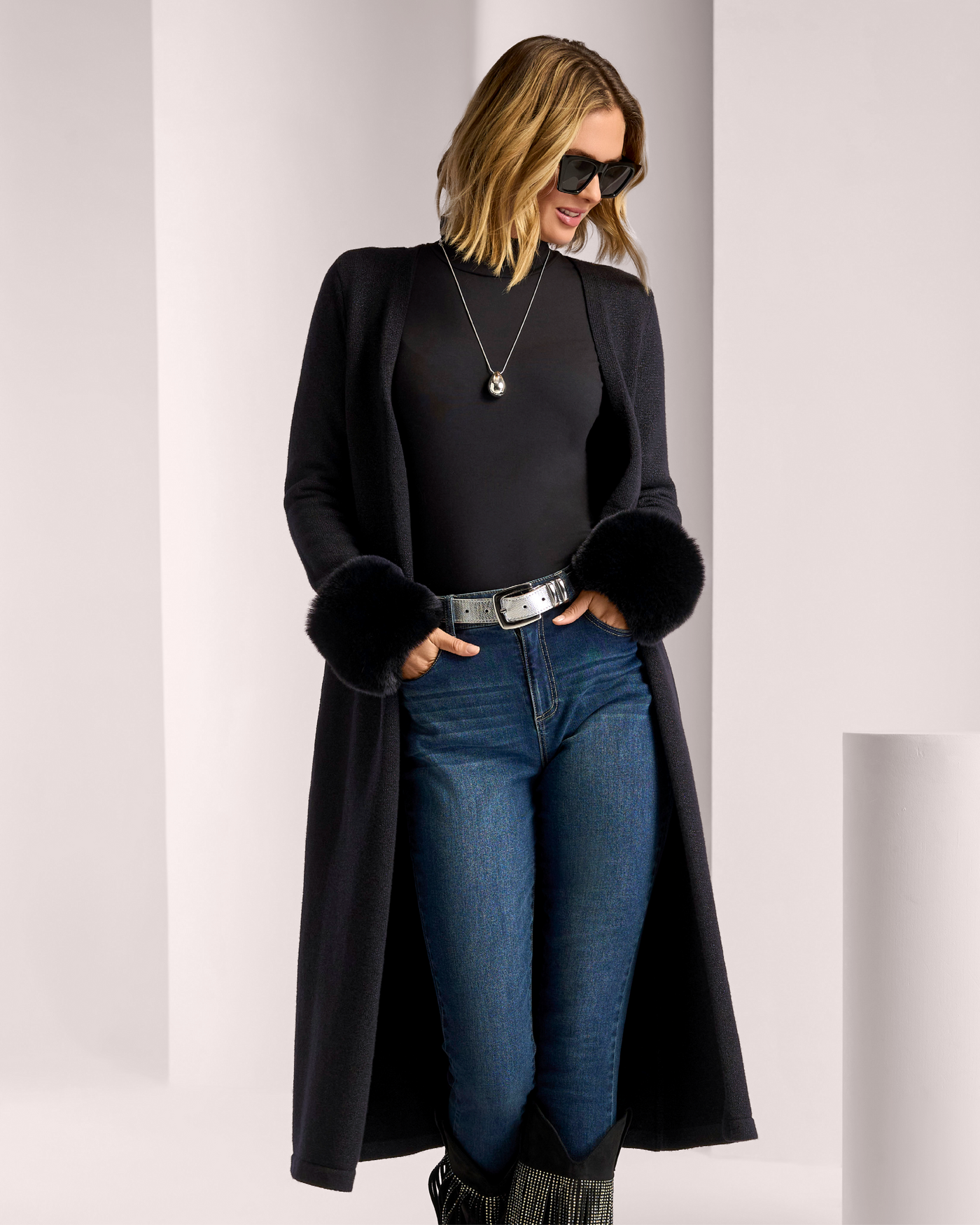 Faux Fur Trimmed Cuff Shimmer Sweater Duster Black