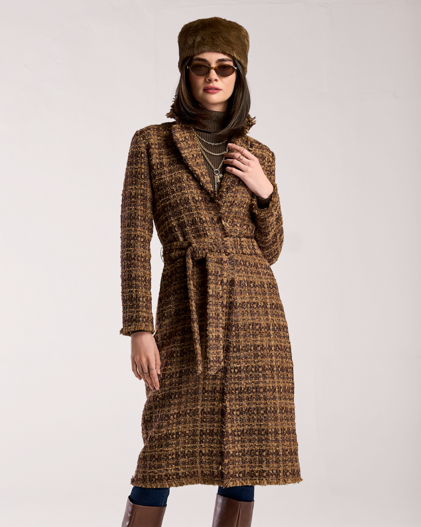 Tweed Duster with Fringe Trim Brown Multi