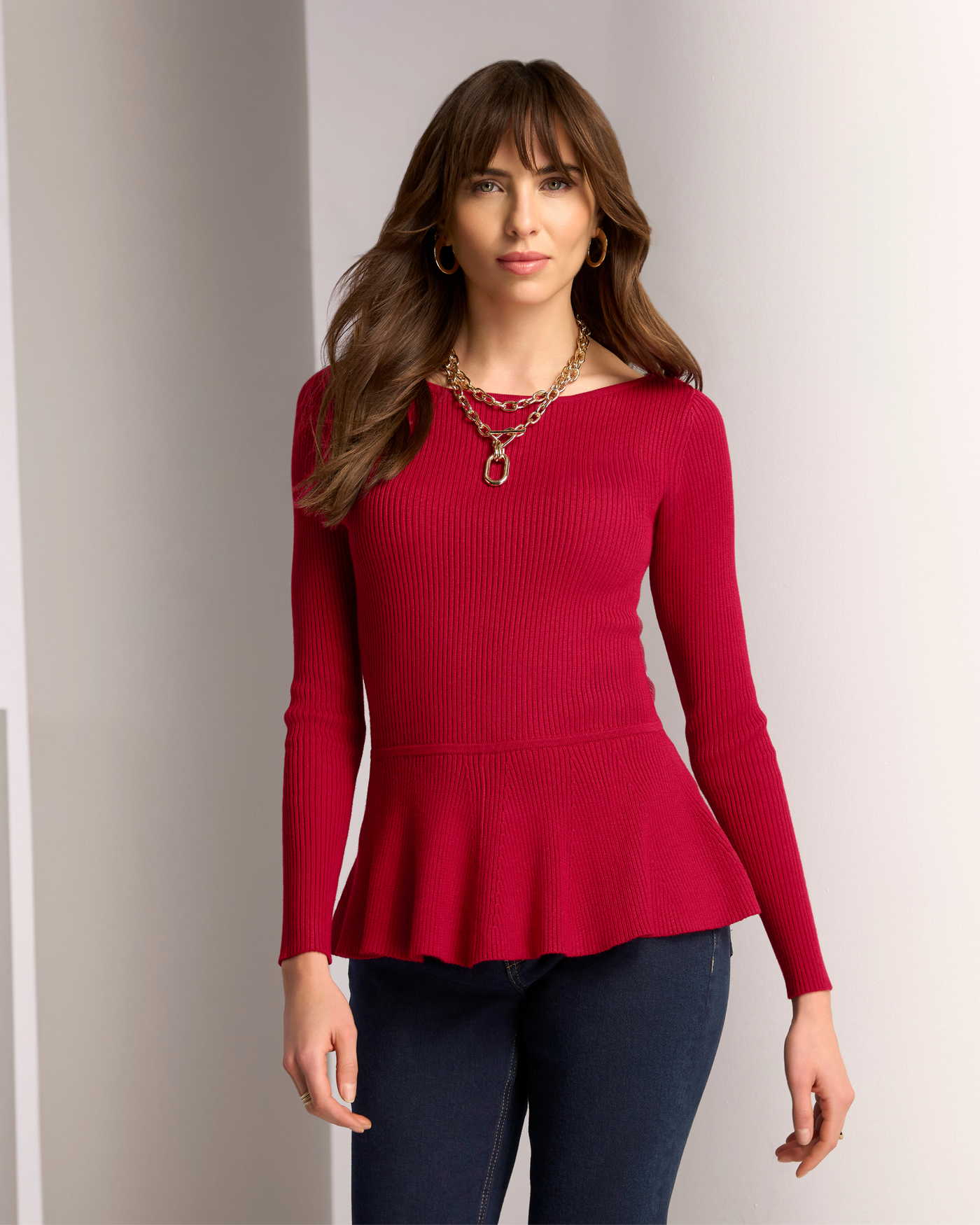 Rib Boat Neck Peplum Sweater French Kiss