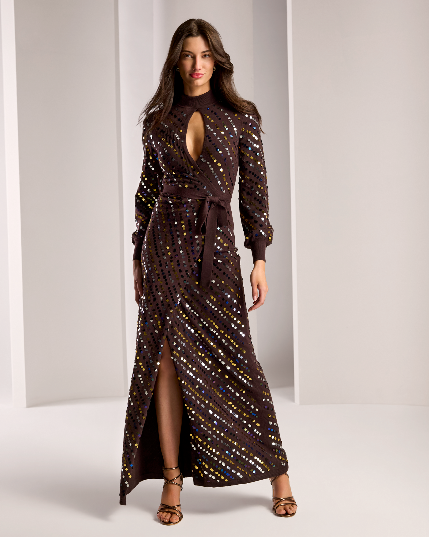 Sequin Keyhole Maxi Sweater Dress Brown Multi