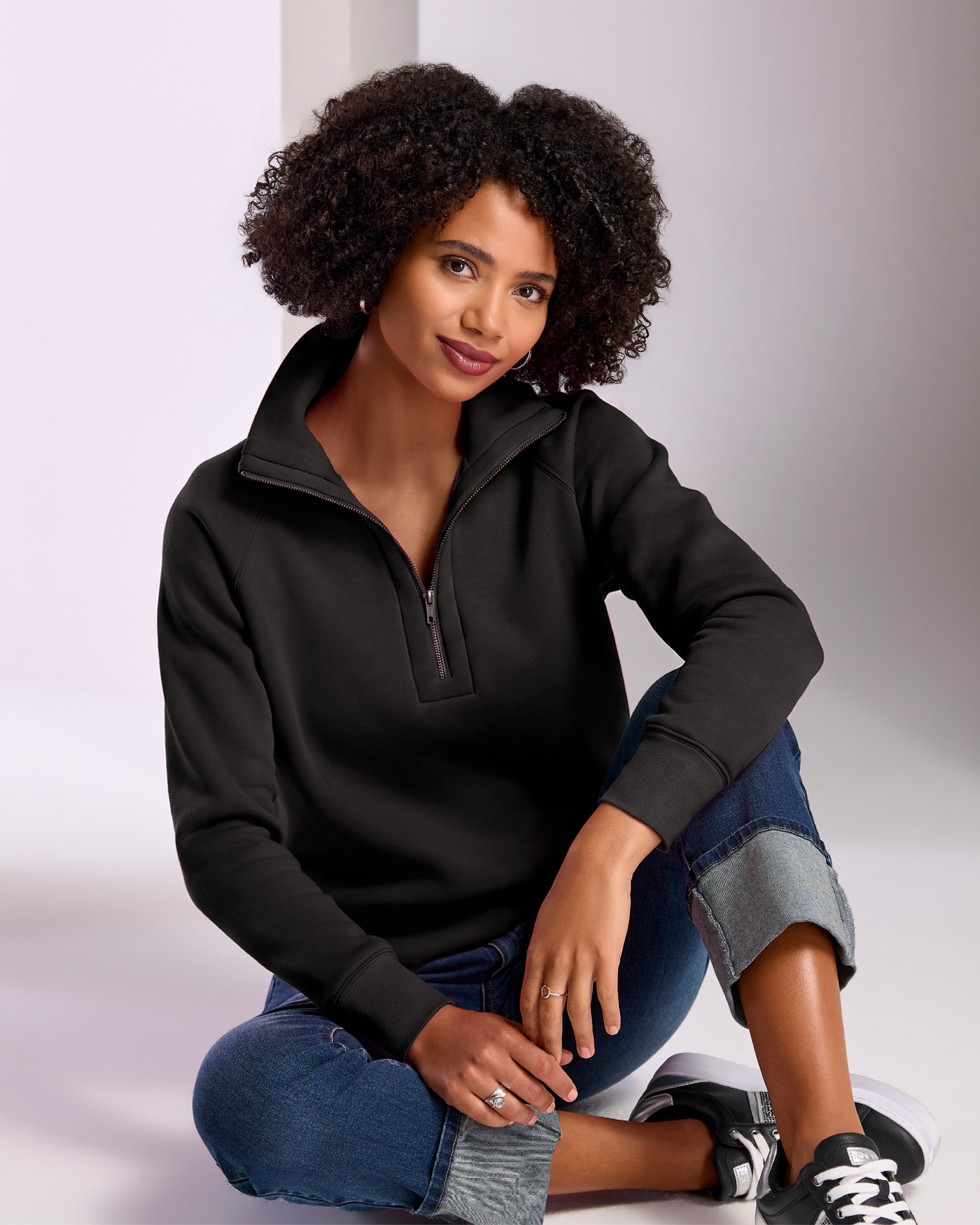Brushed French Terry Half Zip Collared Sweatshirt Black