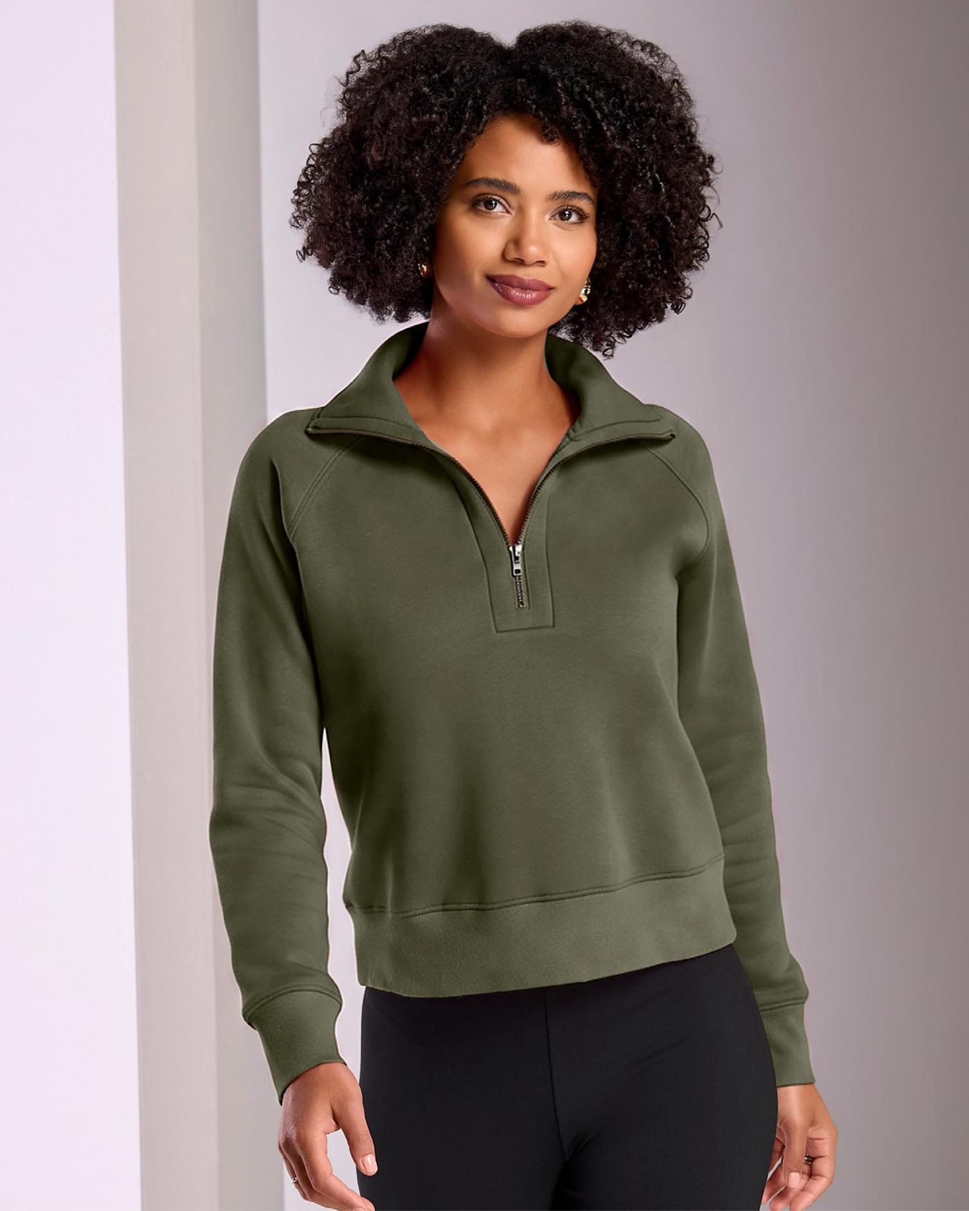 Brushed French Terry Half Zip Collared Sweatshirt Olive Night