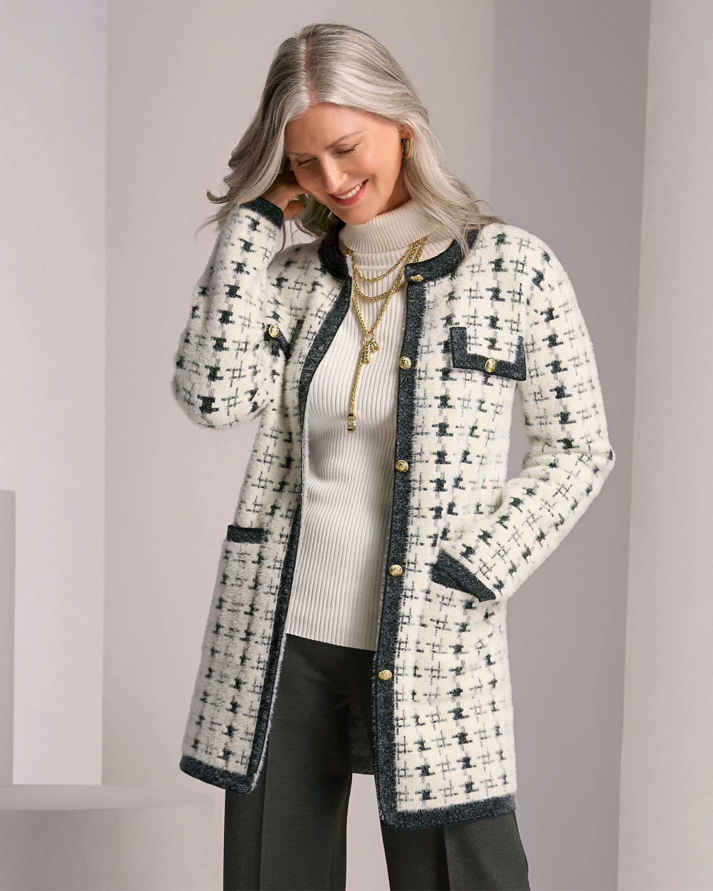 Plaid Plush Coatigan by NVLT Off White/Black