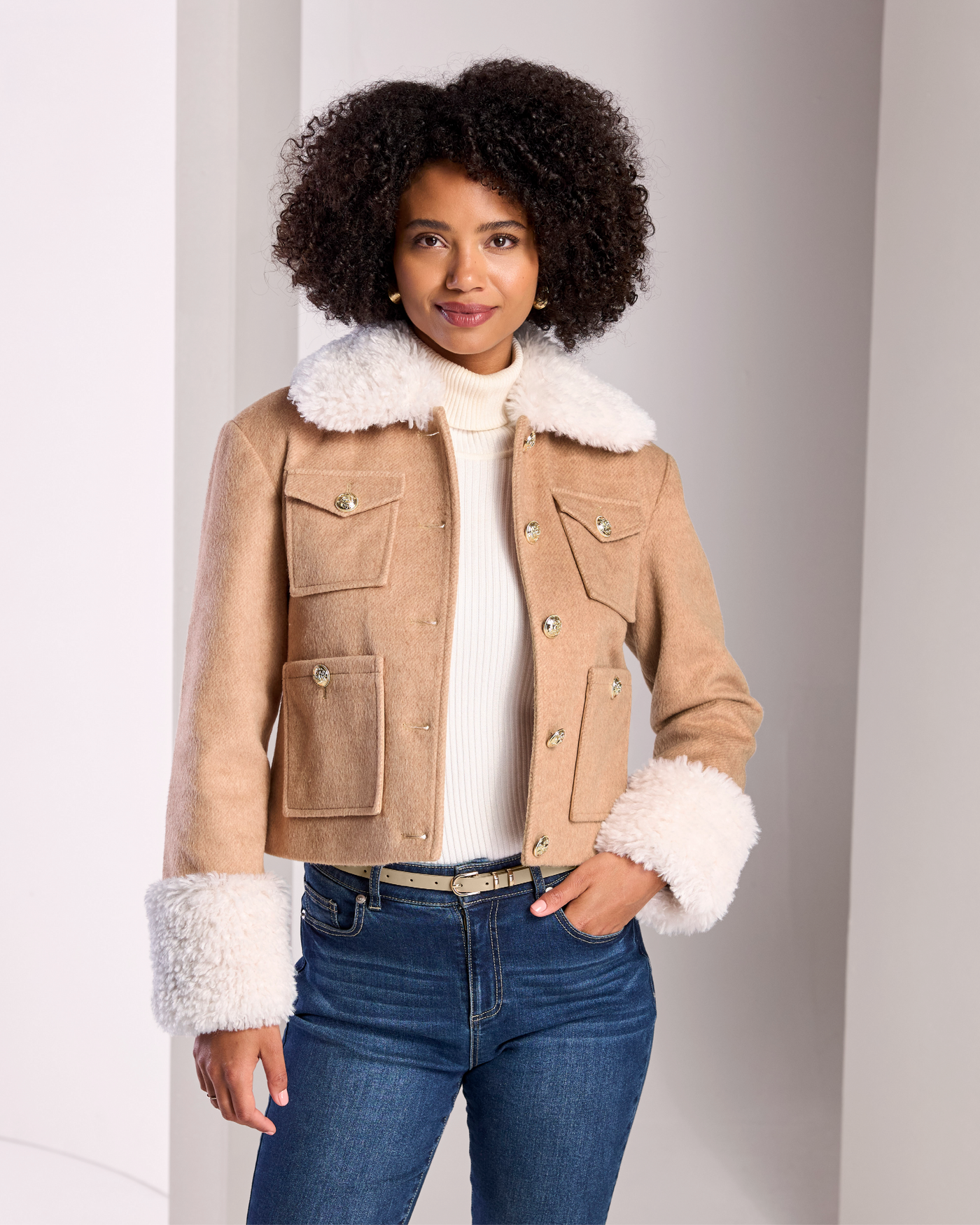 Faux Sherpa Trimmed Jacket Camel Multi
