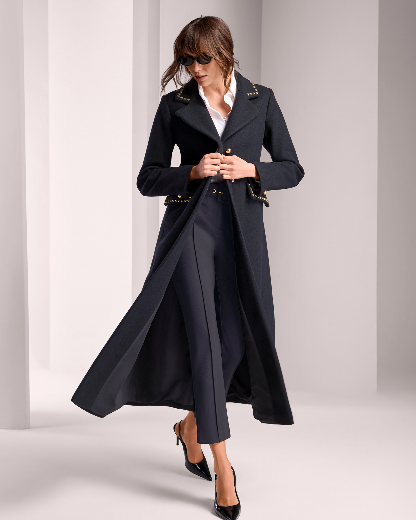 Faux Wool Maxi Coat with Notch Collar and Studs Black