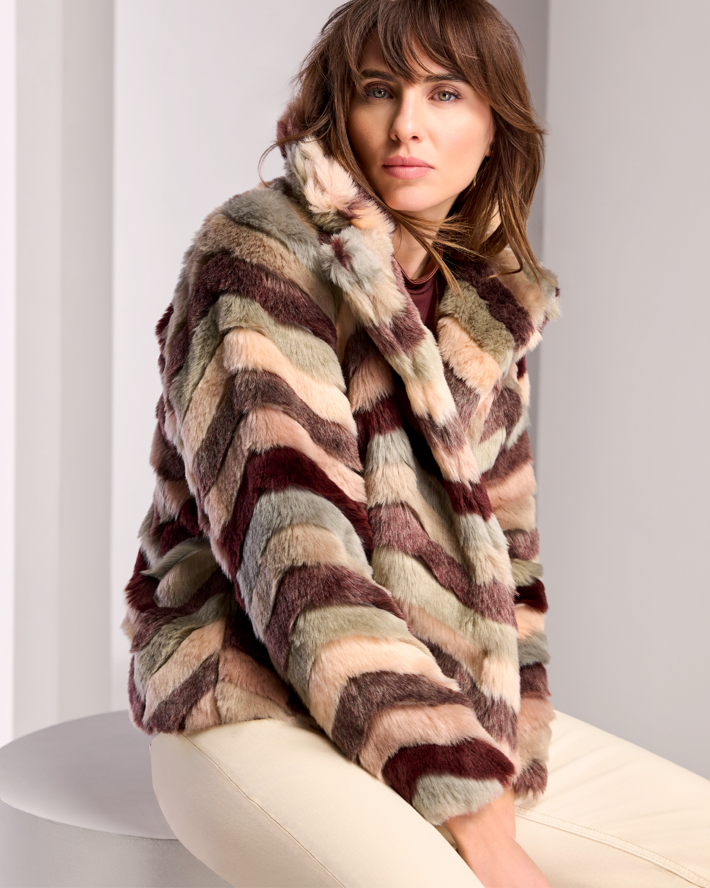 Cropped Chevron Faux Fur Jacket Merlot