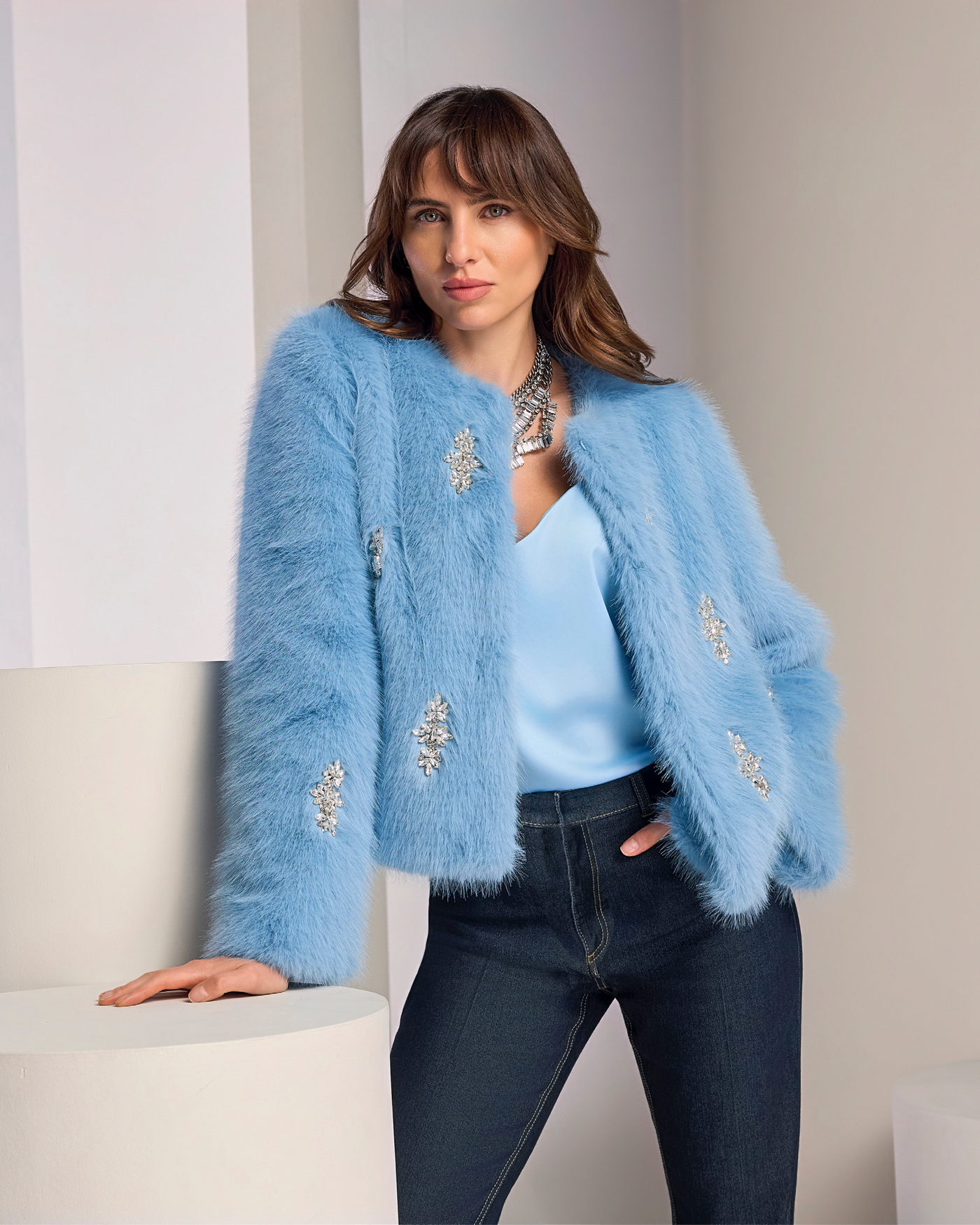 Crystal Embellished Faux Fur Chubby Airy Blue