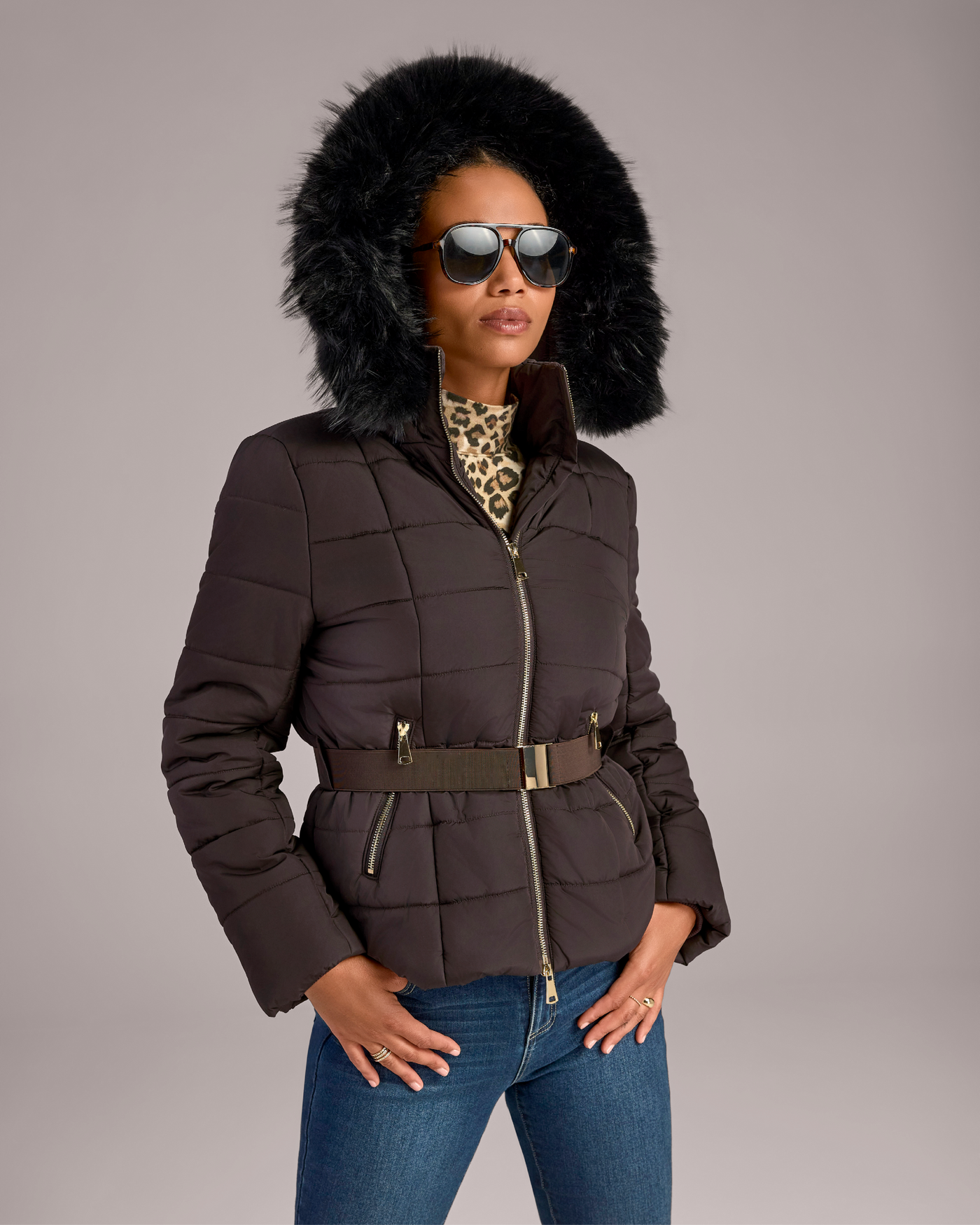 Mid Length Fur Trimmed Puffer Coat Chocolate Torte
