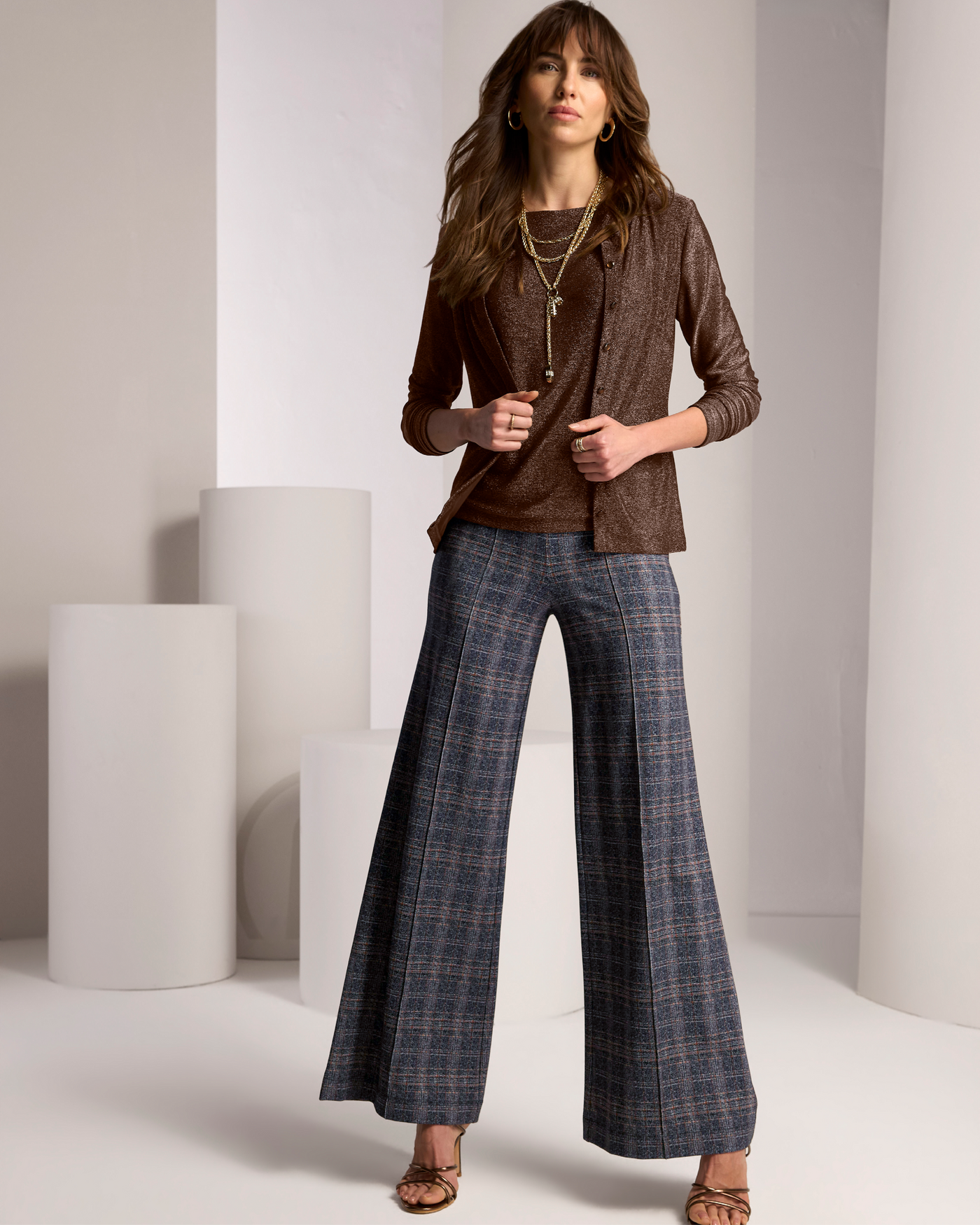 Plaid Ultimate Ponte Wide Leg Pant Charcoal Gray Multi