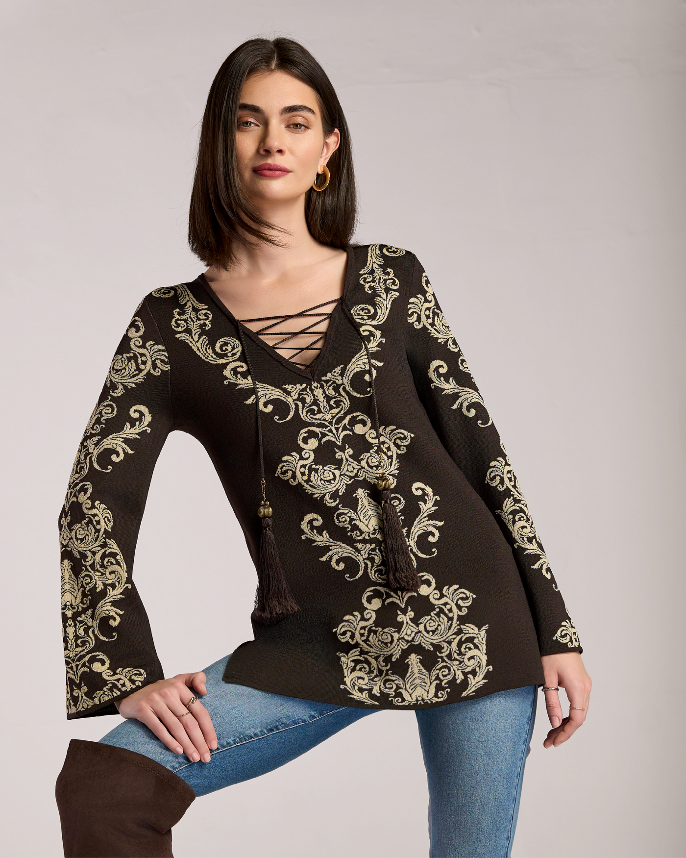 Printed Lurex Lace Up Tunic Golden Status
