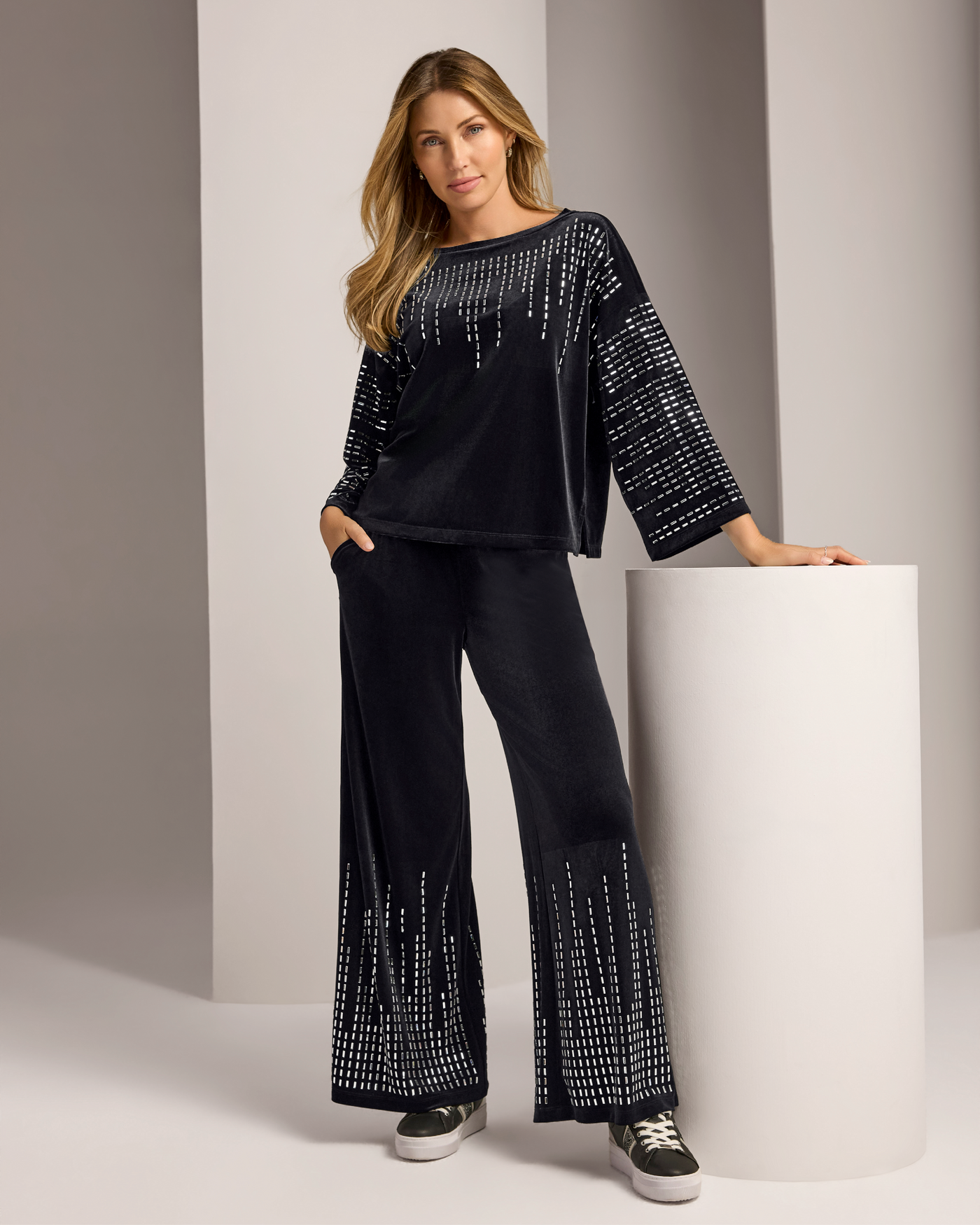 Velour Set with Rhinestone Embellishment Black