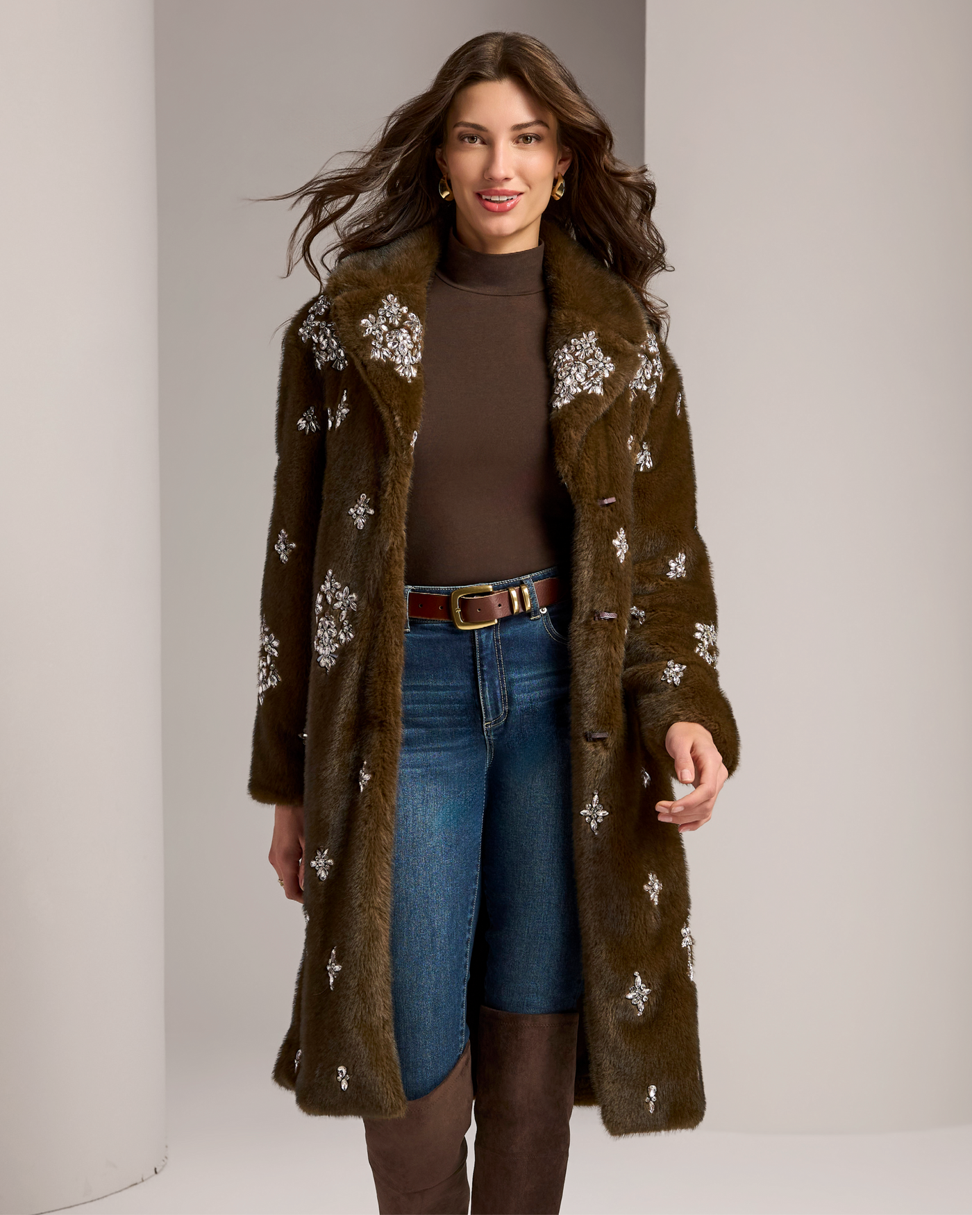 Brooch Embellished Faux Fur Coat Brown