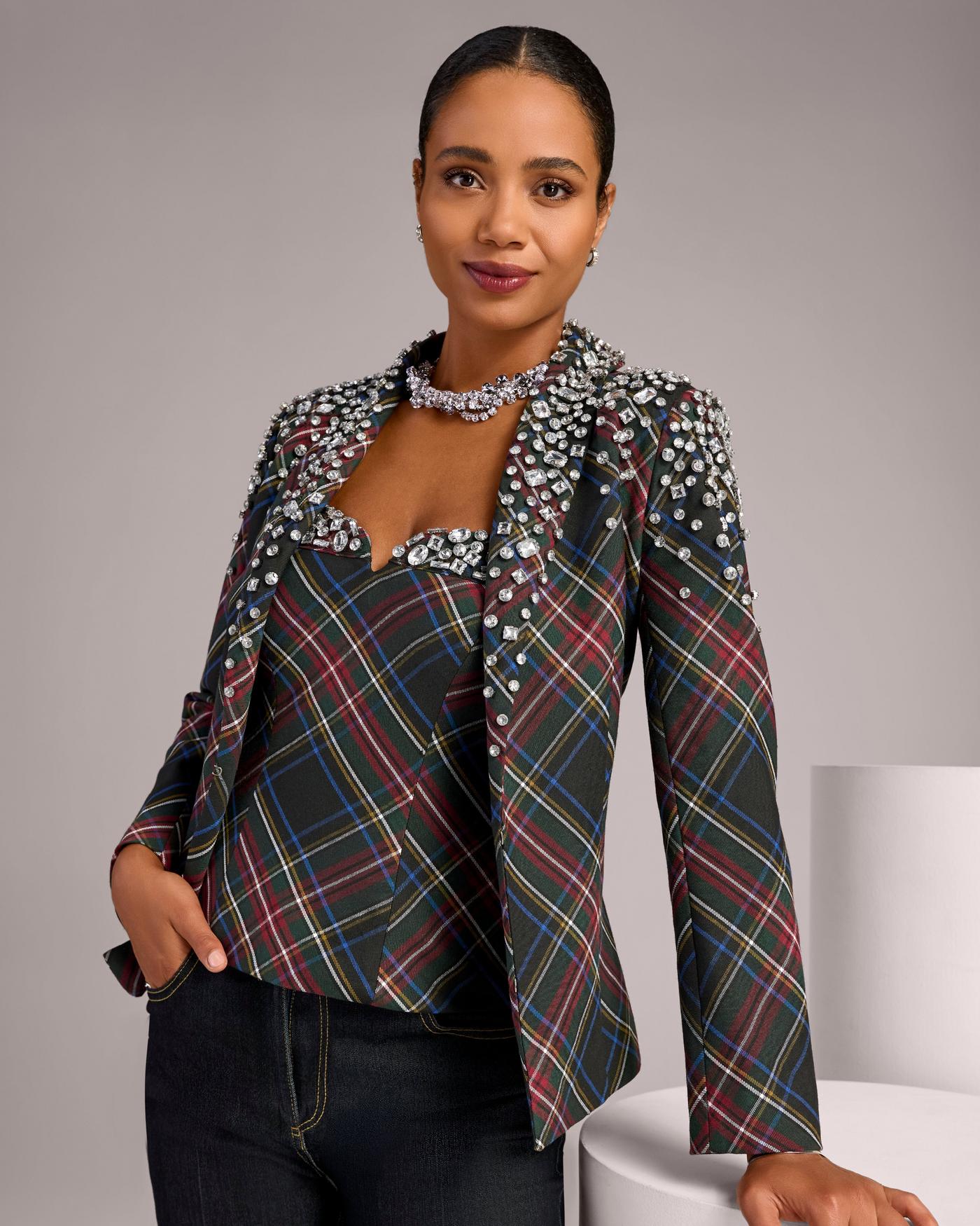 Rhinestone Embellished Holiday Plaid Shawl Collar Blazer Black Multi
