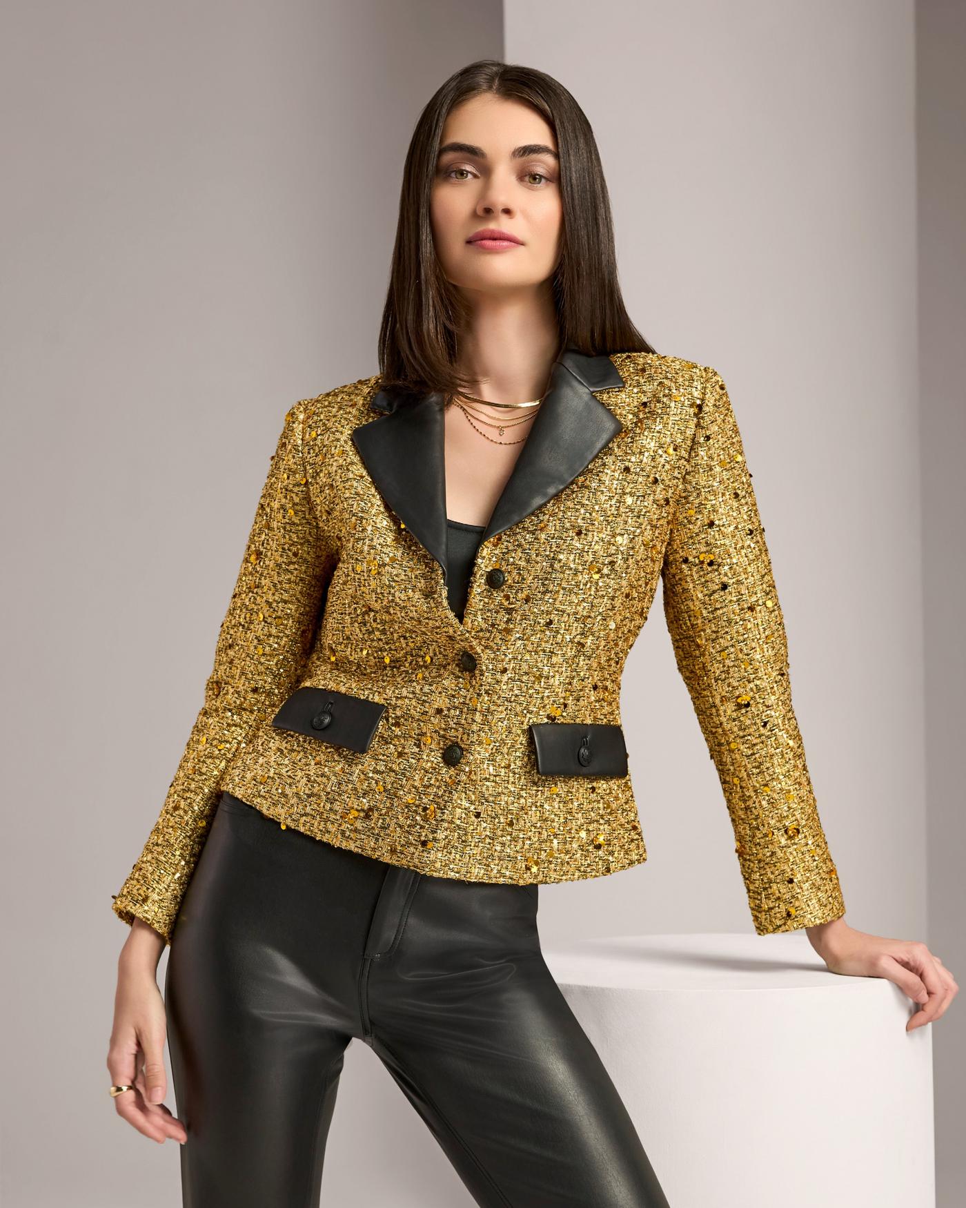 Metallic Tweed Blazer with Faux Leather Collar Gold/Black