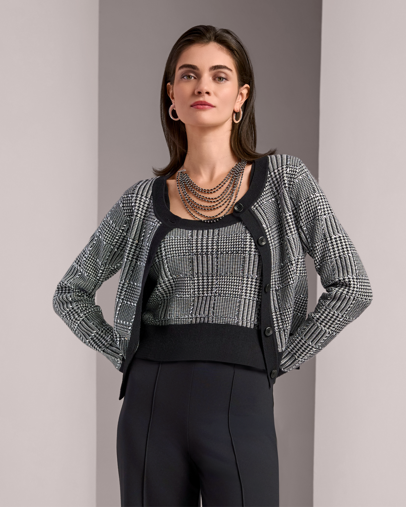 Rhinestone Houndstooth Cardigan and Tank Set - Black/White – Boston Proper