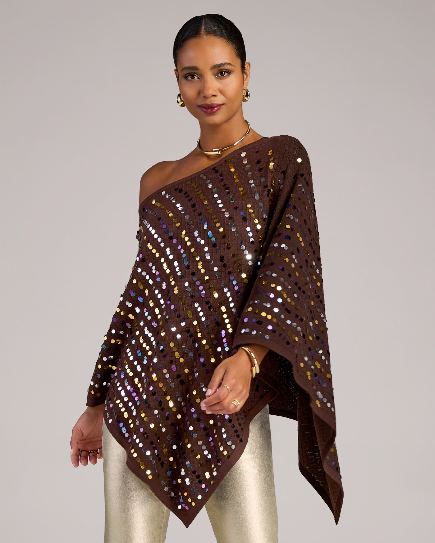 Sequin Embellished Pointelle Poncho Brown Multi
