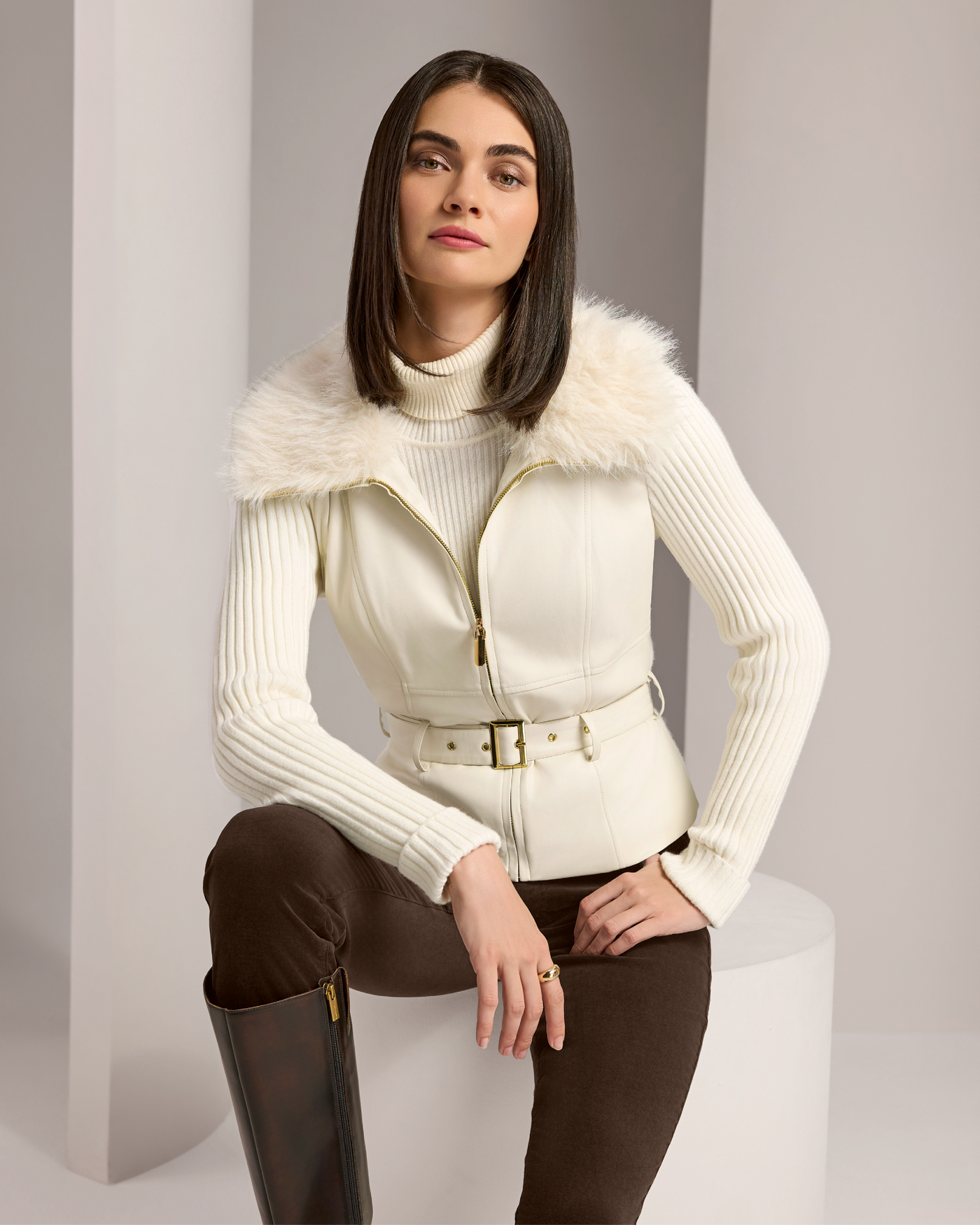 Faux Leather and Faux Fur Trimmed Zip Up Sweater Cream