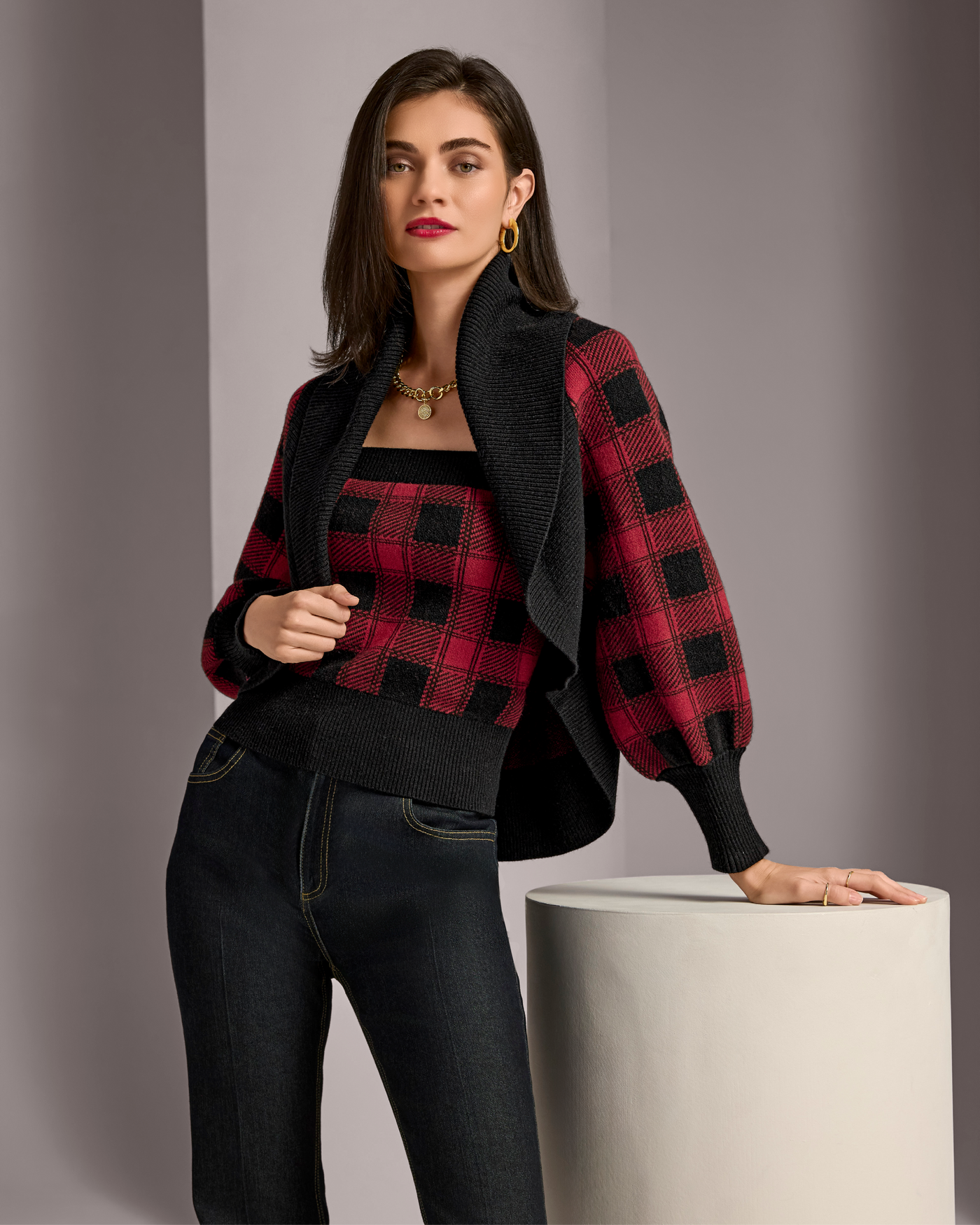 Buffalo Check Intarsia Sweater Set Red/Black
