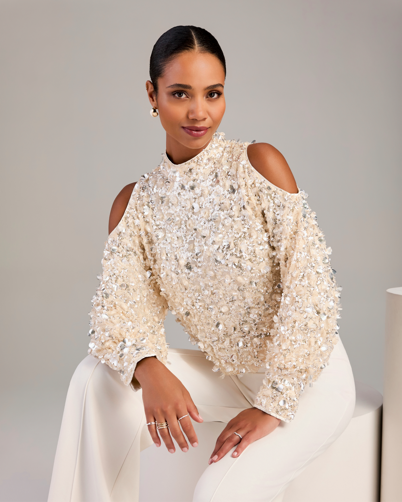 All Over Sequin Embellished Cold Shoulder Top Champagne Multi