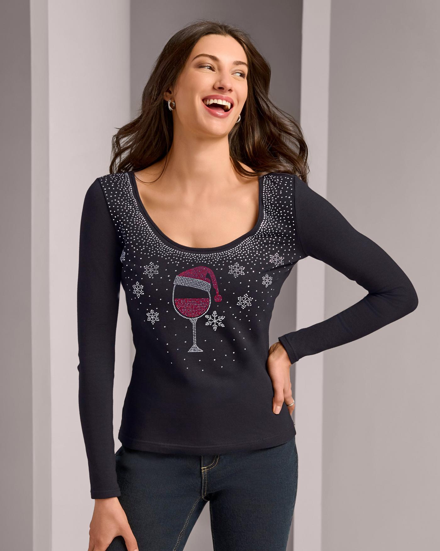 Scoop Neck Long Sleeve Festive Bling Top Proper Black