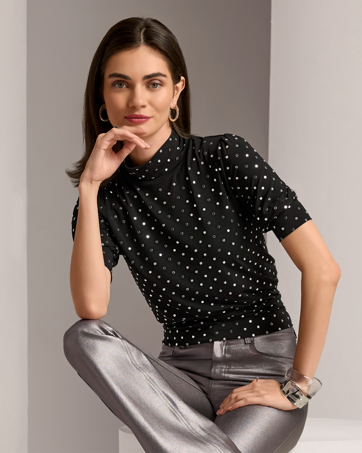 Studded Mock Neck Puff Sleeve Blouson Proper Black