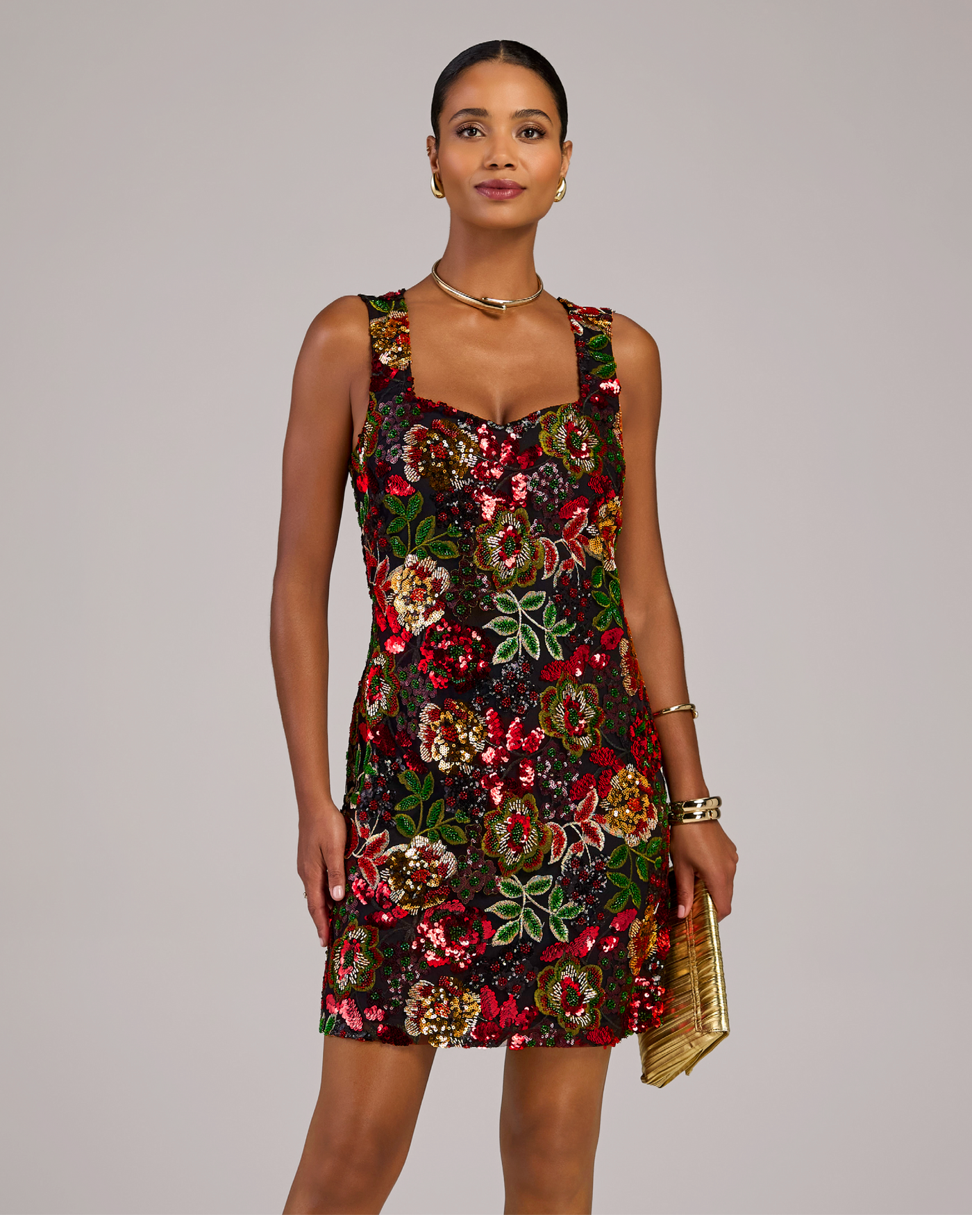 Floral Sequin Embroidered Sheath Dress Red Multi