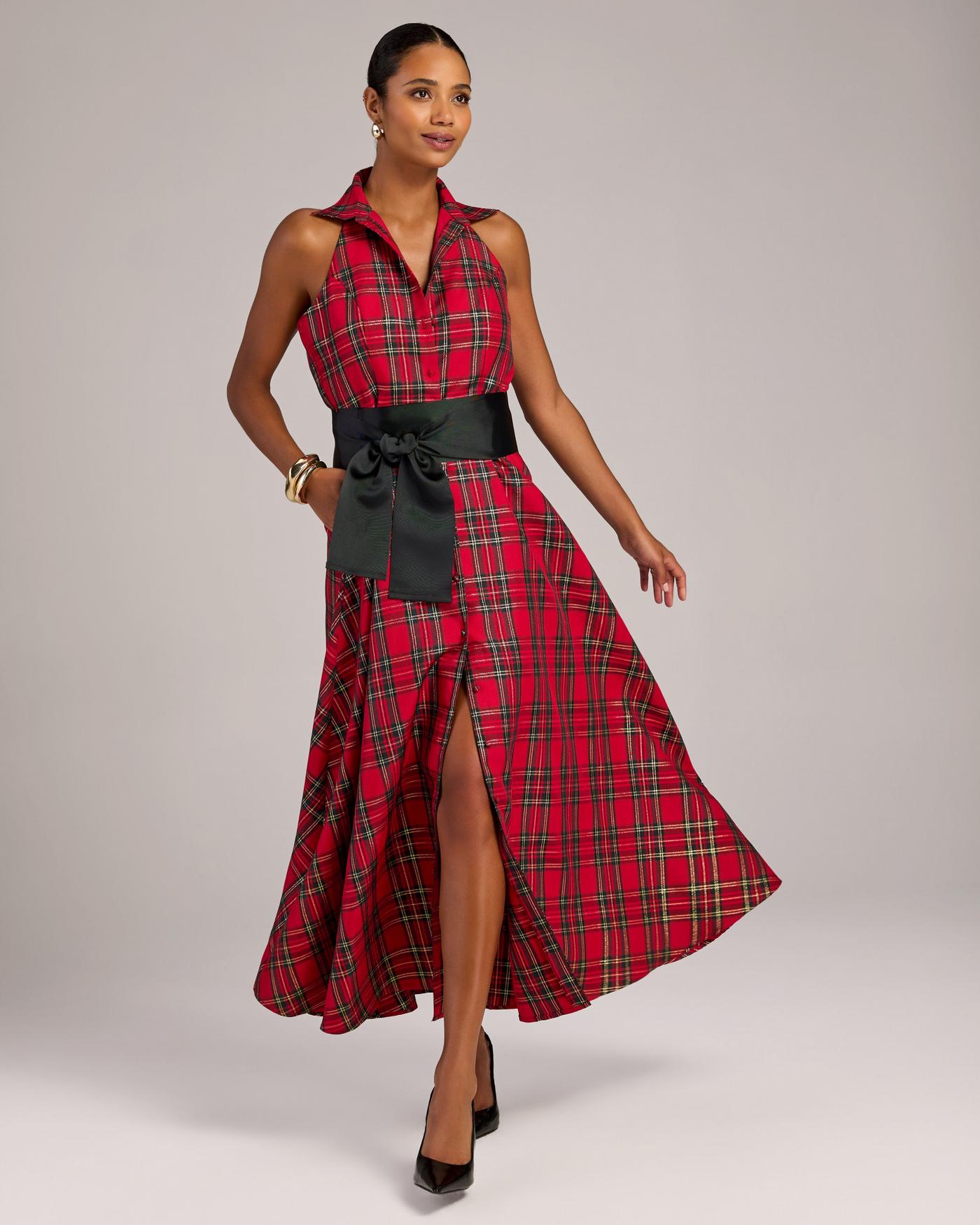 Plaid Fit and Flare Halter Shirt Dress Red Multi
