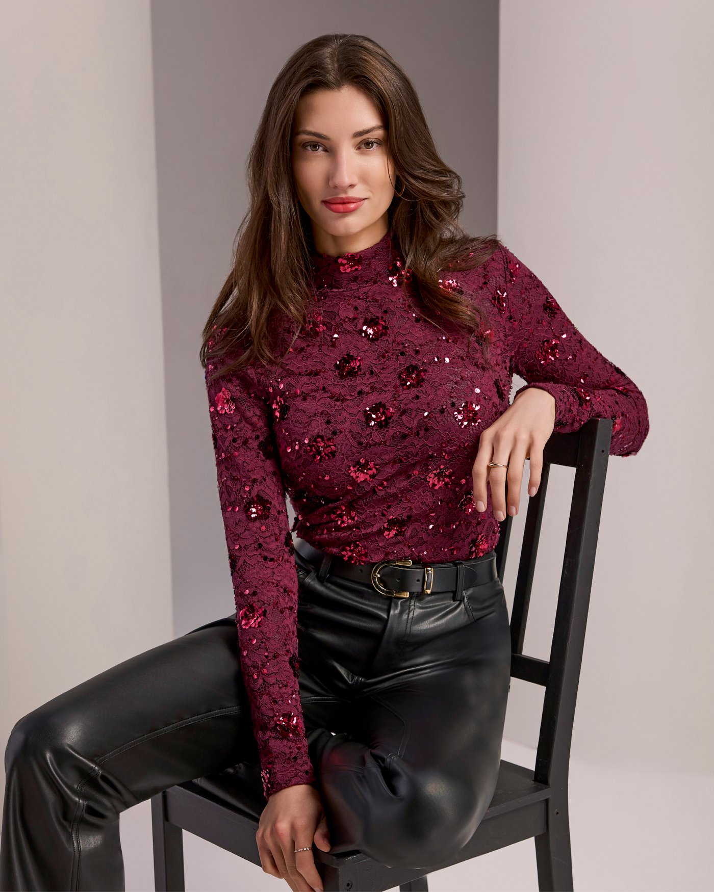 Embellished Lace Mock Neck Top Port