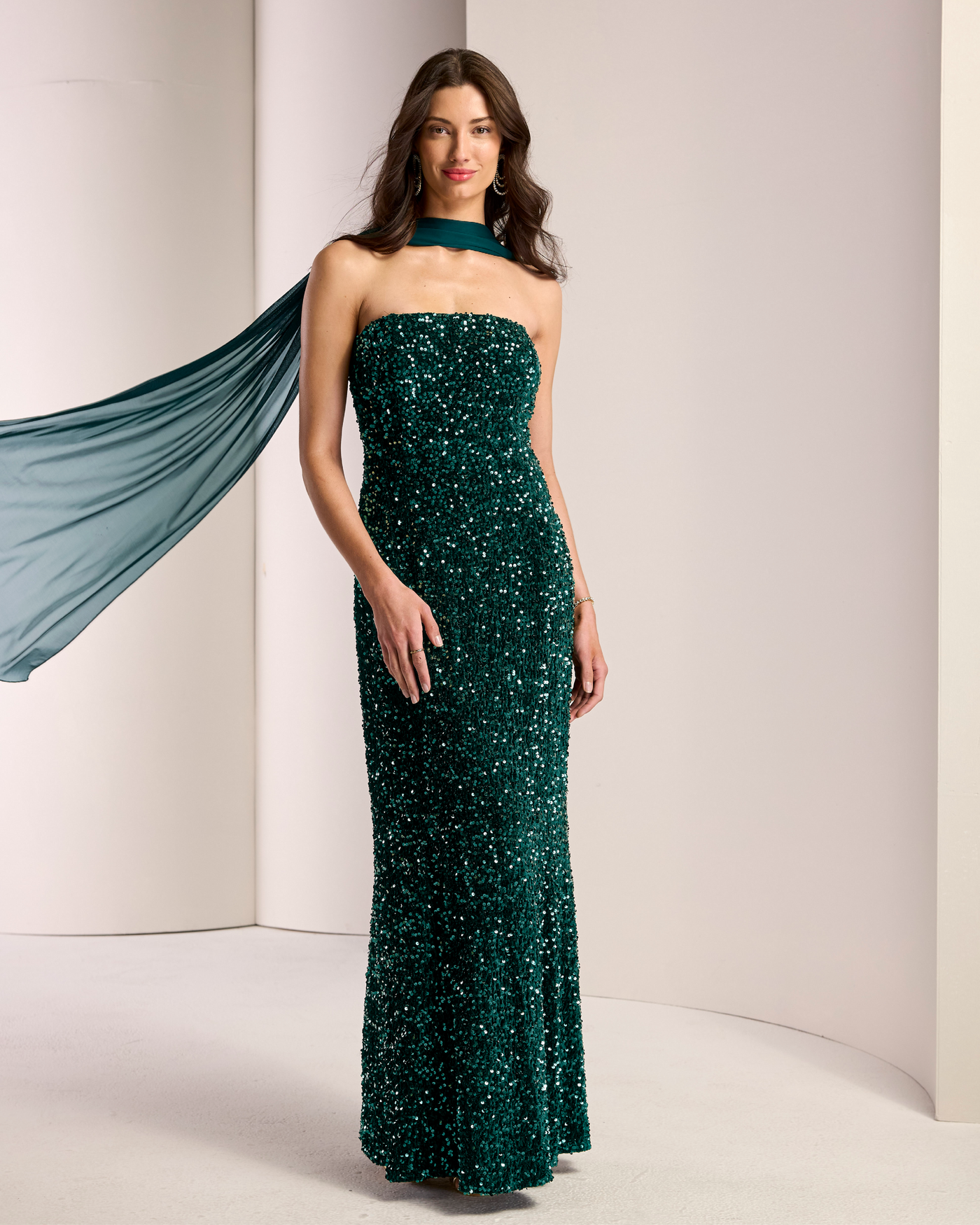 Velvet Sequin Strapless Gown with Scarf Emerald