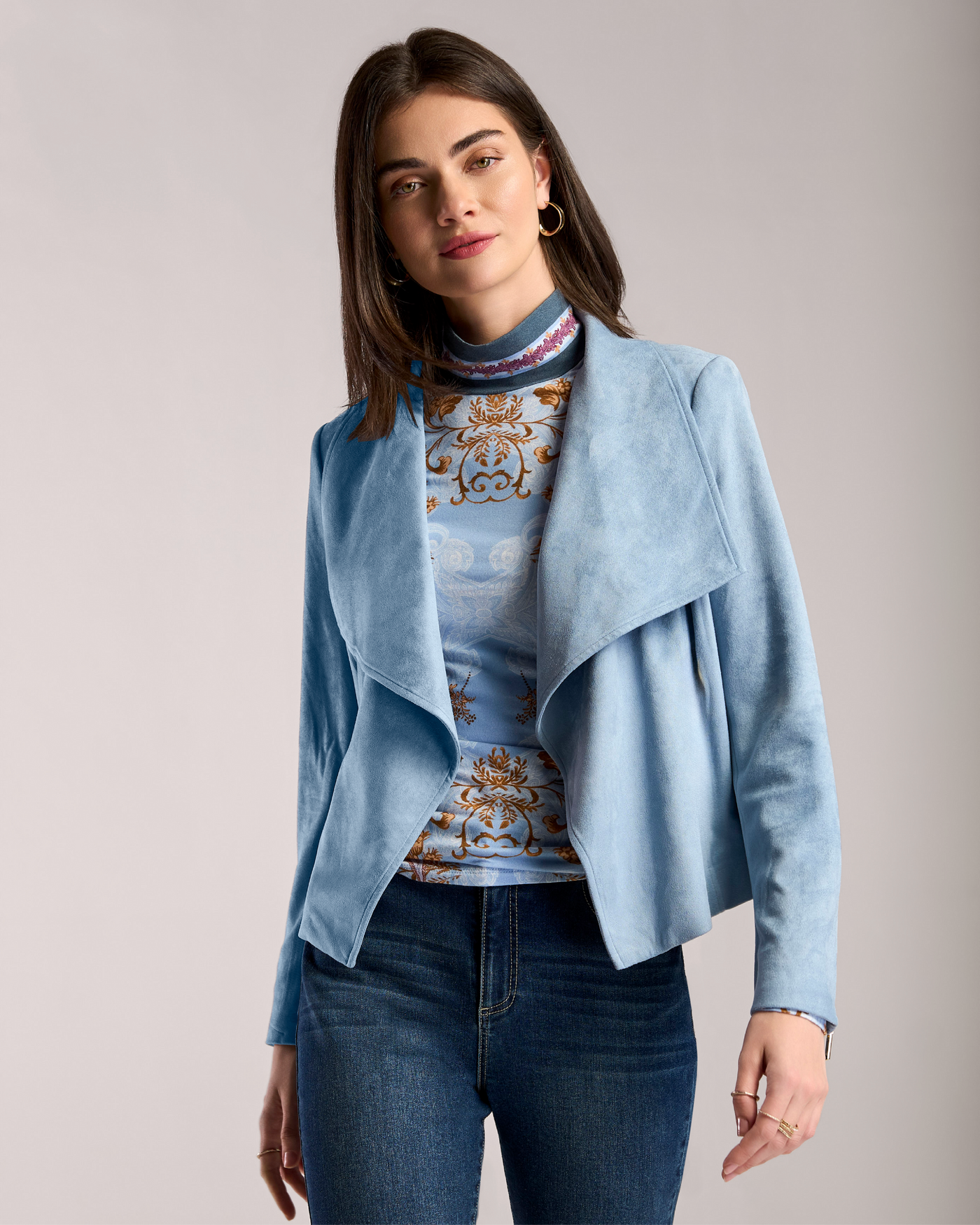 Knit Suede Drape Front Jacket Blue