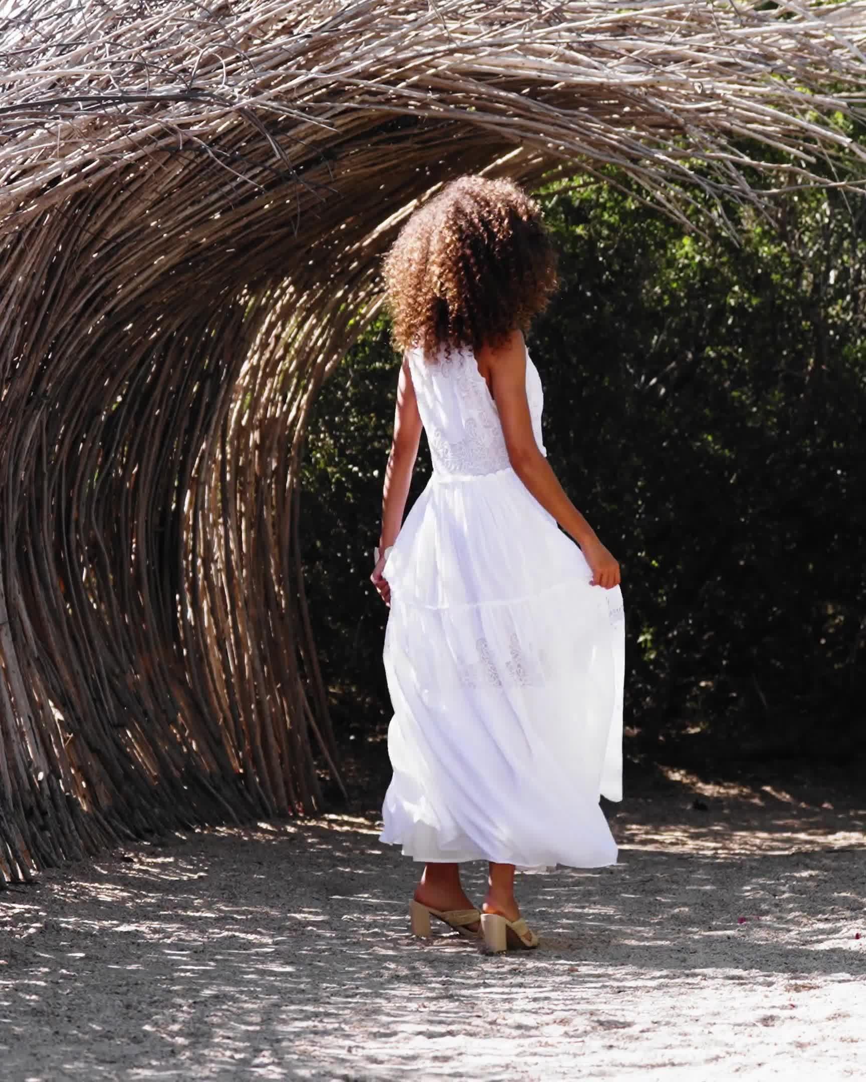 Lace Inset Tiered Ankle Length Cotton Dress - Pure White | Boston