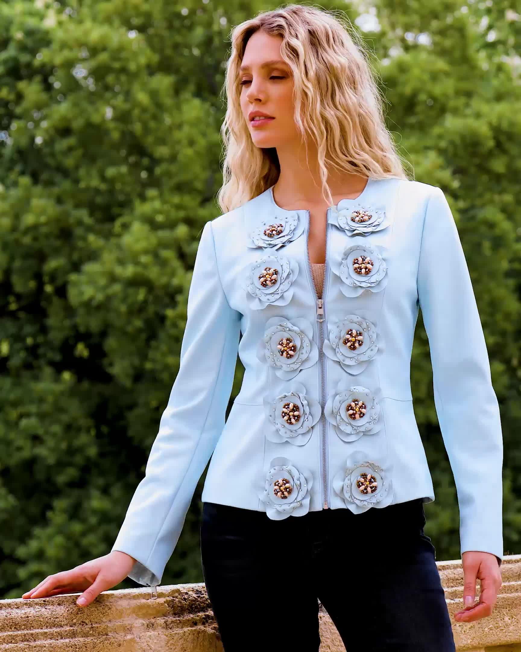 3D Rosette Embellished Faux Leather Zip Up Jacket Blue | Boston Proper