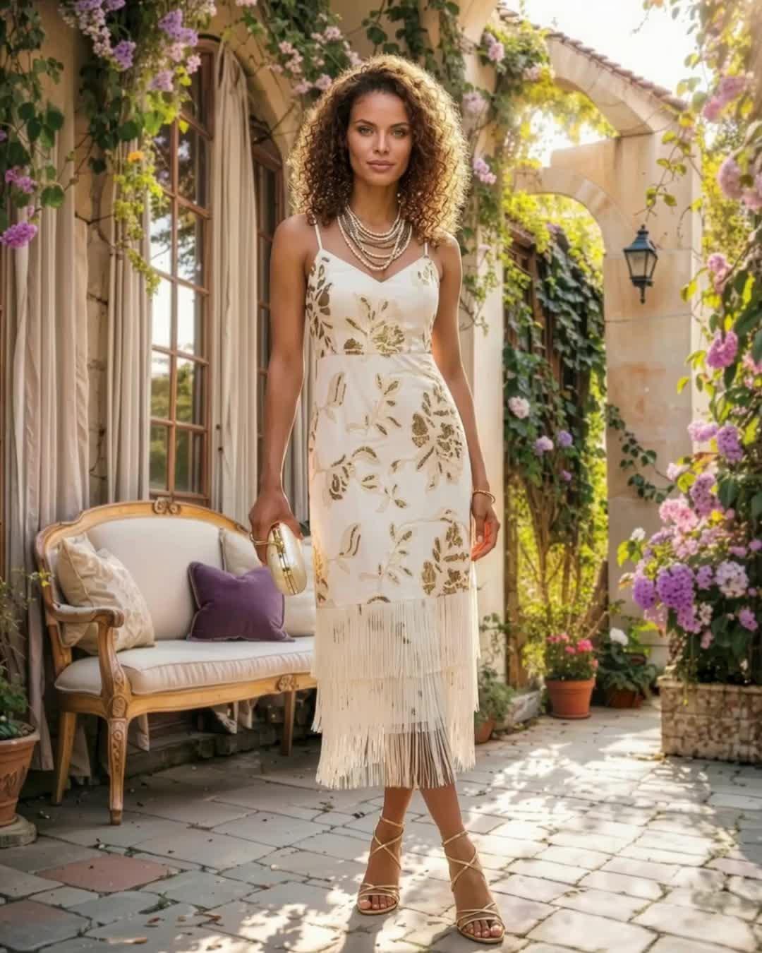 Sequin Embellished Midi with Fringe - White/Gold | Boston Proper